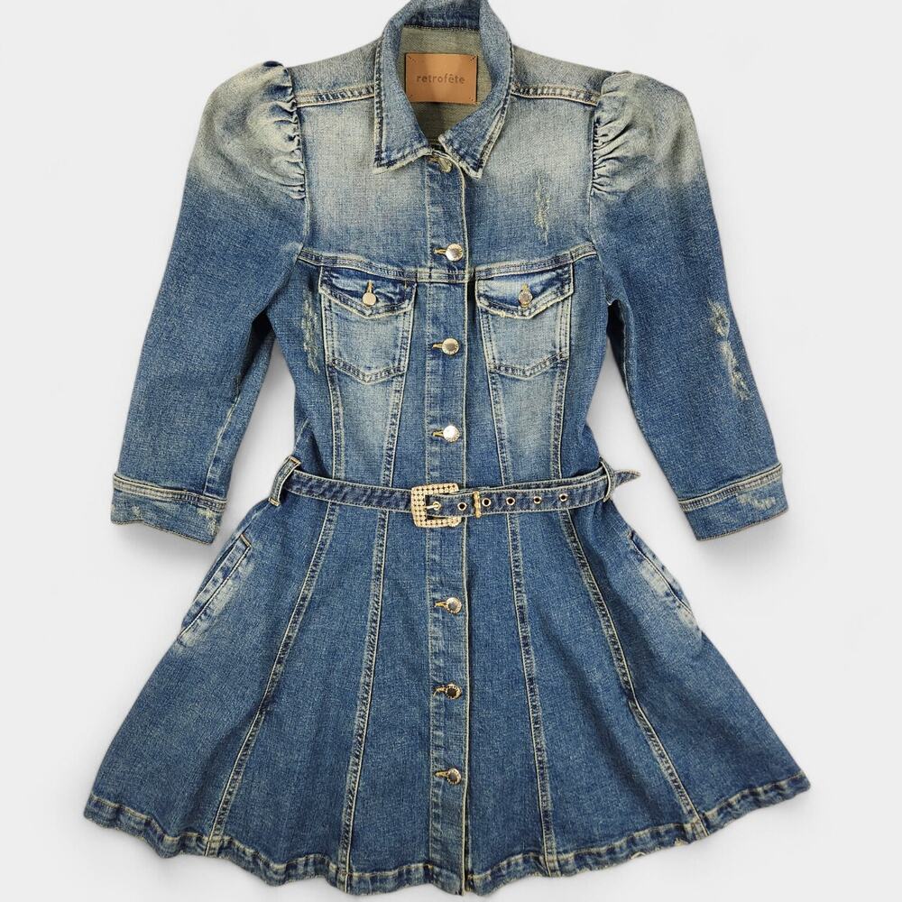 Retrofete Clara Denim Mini Dress Women's Small Distressed Effect Belted